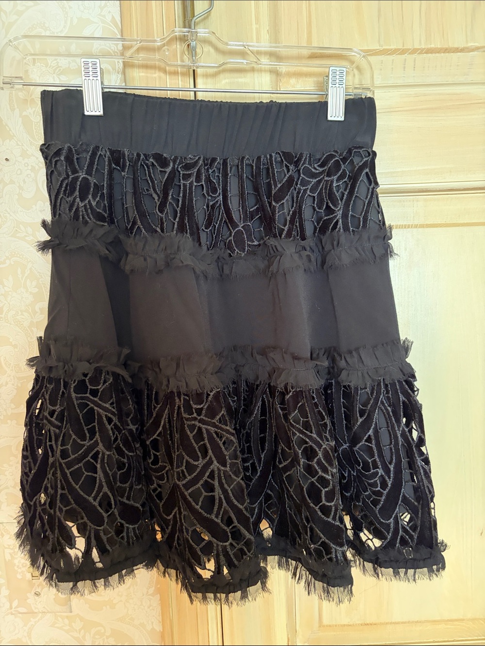 Alexis Black Tiered Lace & Fringe Mini Skirt